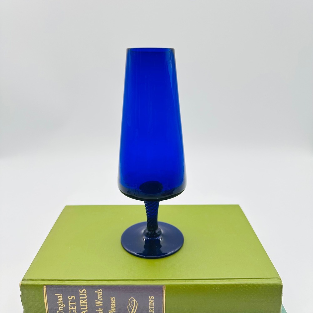 Cobalt Blue Art Glass Vase‎ with Twisted Stem MCM Style 8"